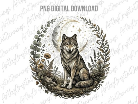 Download Vintage Celestial Moon Wolf Animal PNG - Animal png Collection